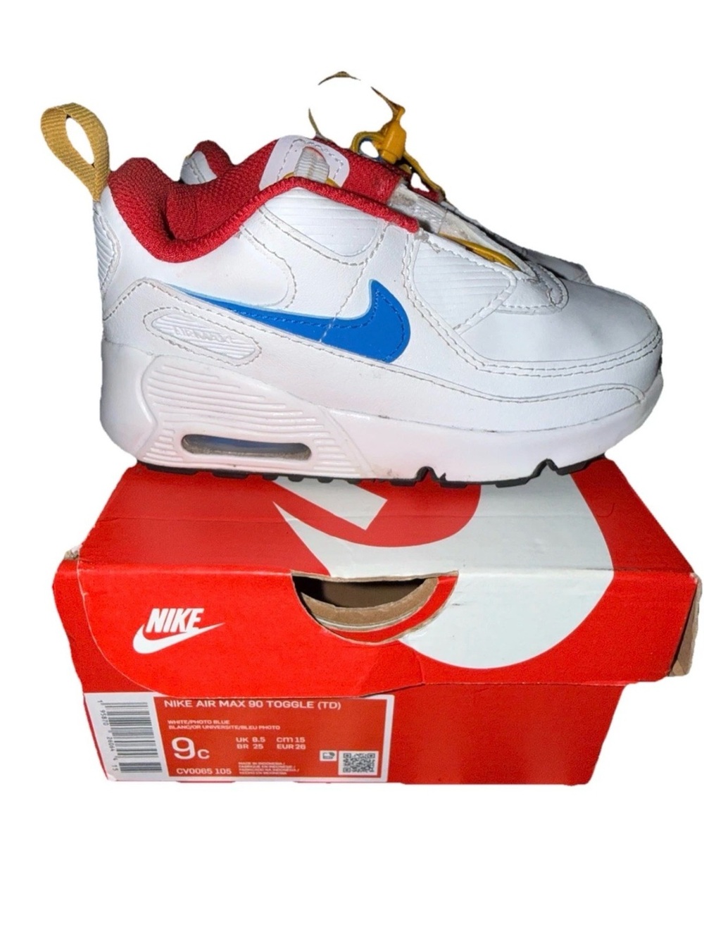 Nike White, Blue & Red Kids' Air Max Toggle Sneakers with Yellow Accents